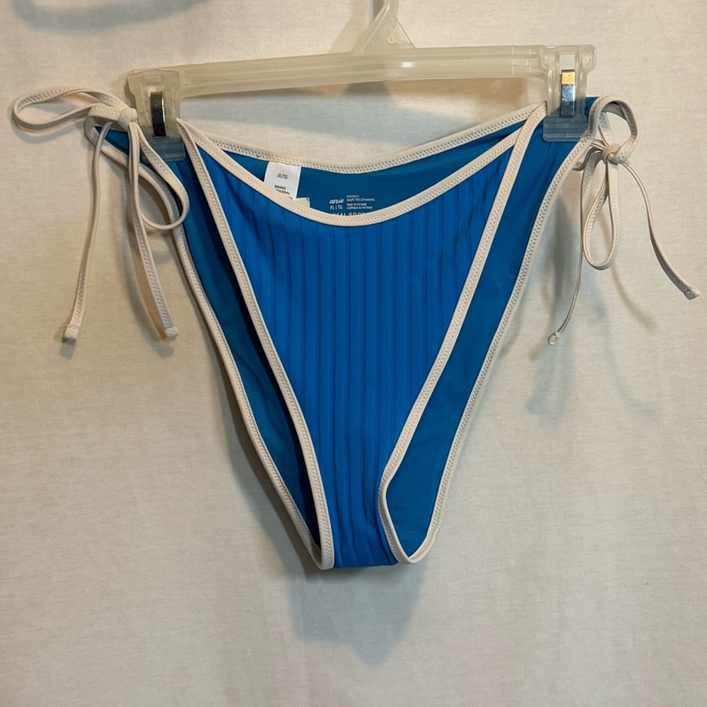 AA-505 Aerie NWT Cheekiest Side Tie‎ Ribbed Blue & White Swim Bikini Bottoms